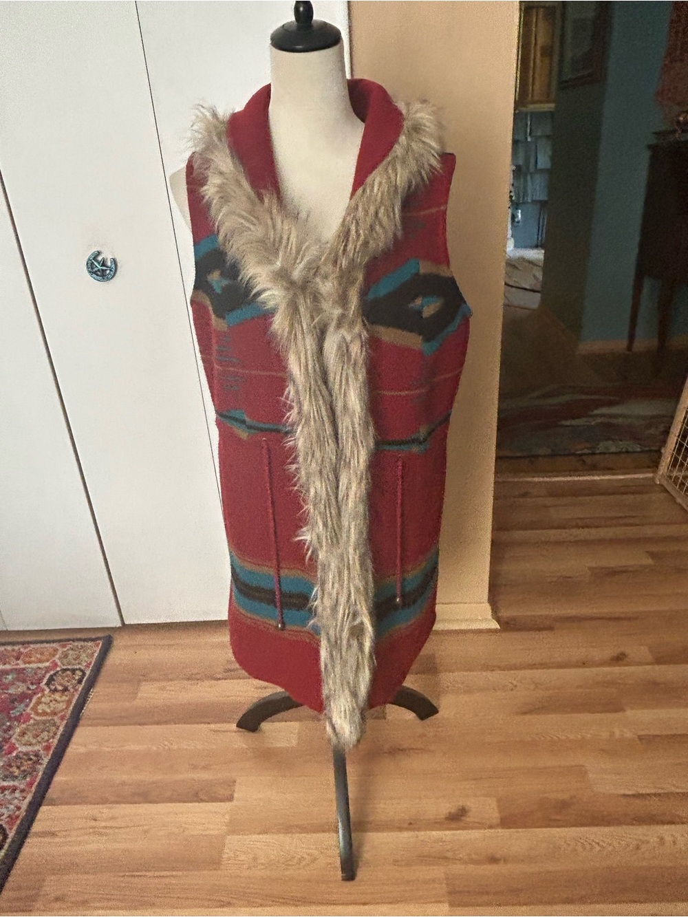 Tasha Polizzi Faux Fur-Trimmed Red Southwestern Hooded Vest